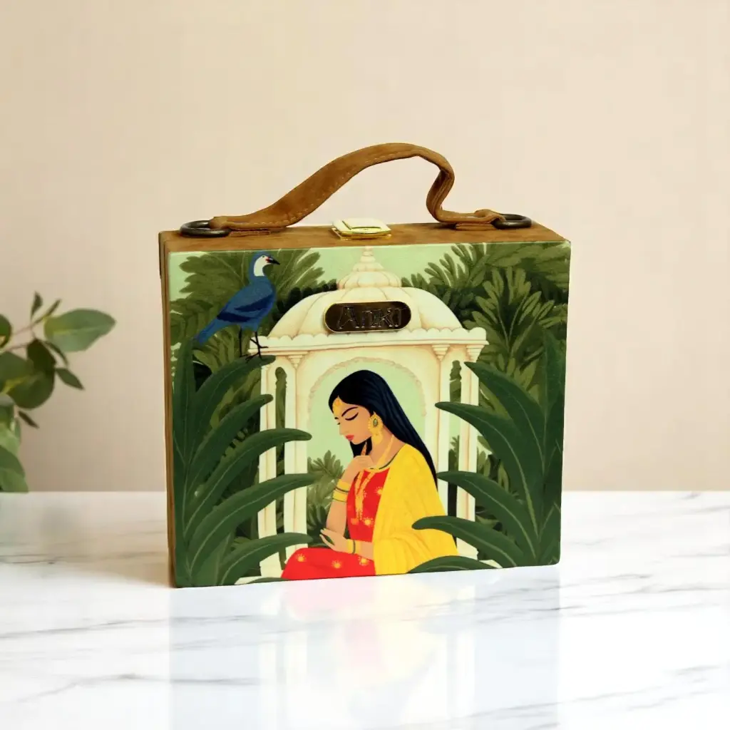 Beautiful Woman In Window Suitcase Style Wooden Purse