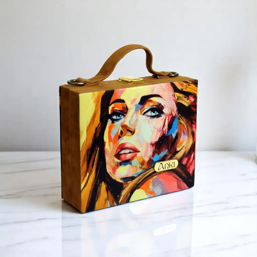 Abstract Girl Printed Suitcase Style Wooden Purse