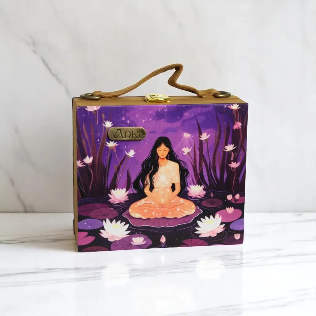 Meditation Girl In Purple Theme Wooden Purse