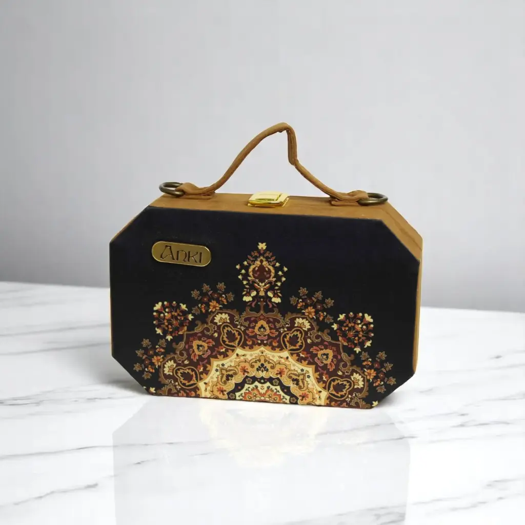 Golden Black Mandala Art Wooden Octagon Purse