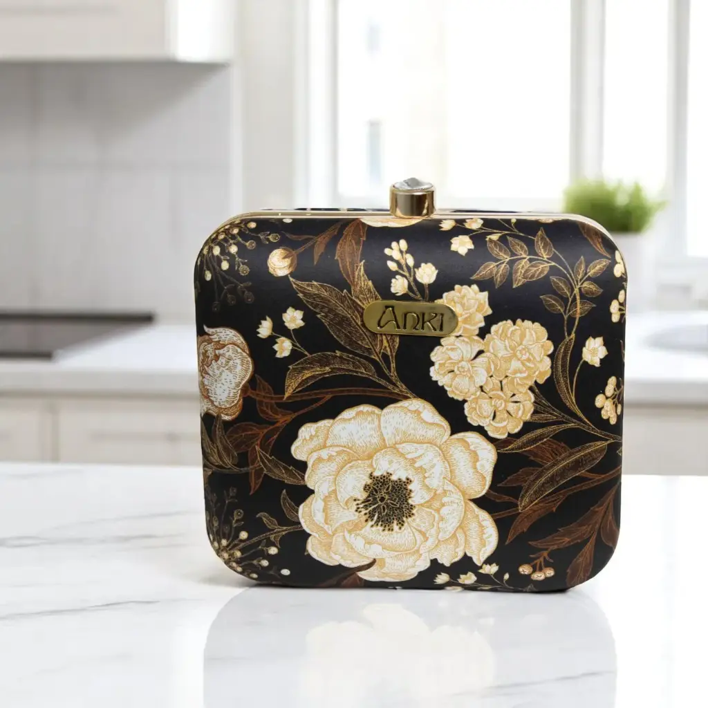 Golden Black Flowers Printed Clutch