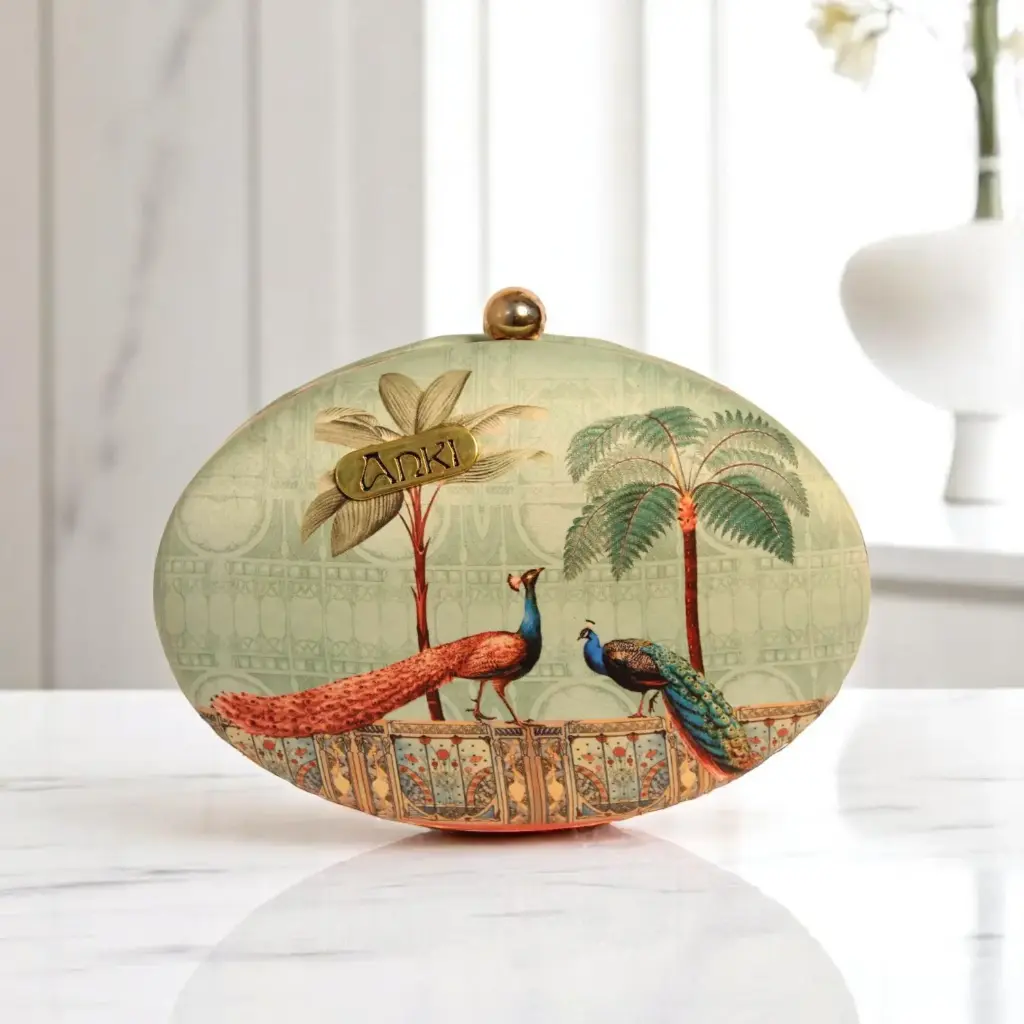 Indian Peacock Printed Oval Clutch
