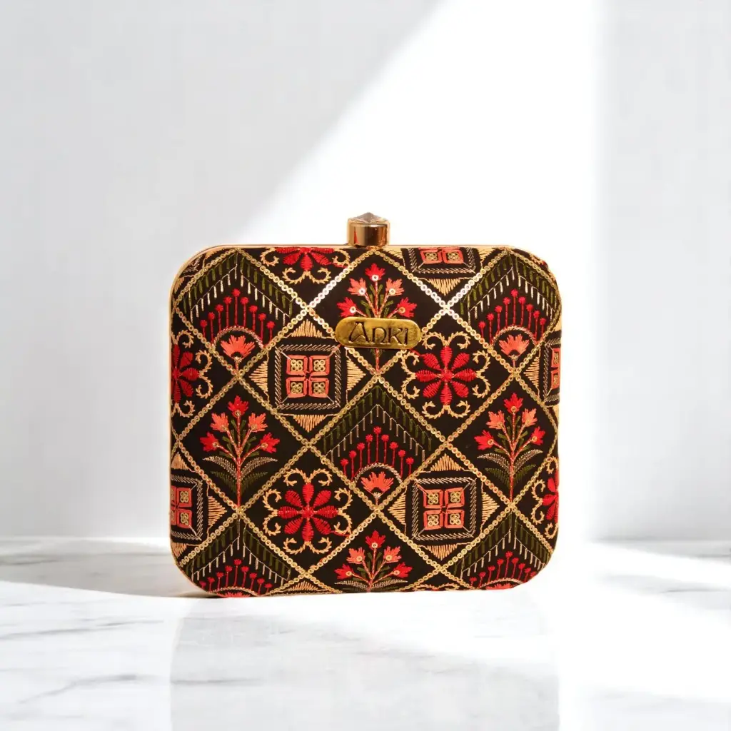 Maroon Embroidered Mosaic Clutch