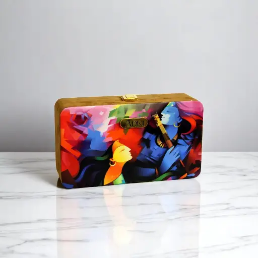[Abstract Radha Krishna Printed Wooden Clutch] Abstract Radha Krishna Printed Wooden Clutch