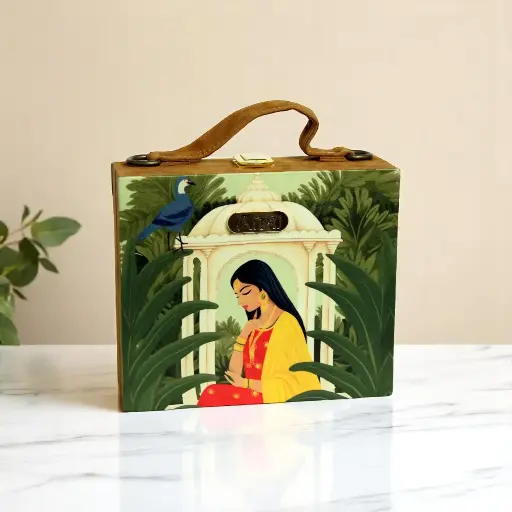 [Beautiful Woman In Window Suitcase Style Wooden Purse] Beautiful Woman In Window Suitcase Style Wooden Purse