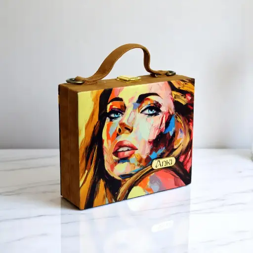 [Abstract Girl Printed Suitcase Style Wooden Purse] Abstract Girl Printed Suitcase Style Wooden Purse