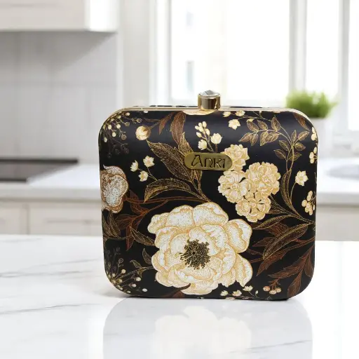 [Golden Black Flowers Printed Clutch] Golden Black Flowers Printed Clutch
