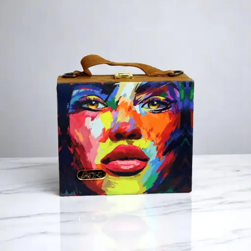 [Multicolour Abstract Girl Suitcase Style Wooden Purse] Multicolour Abstract Girl Suitcase Style Wooden Purse