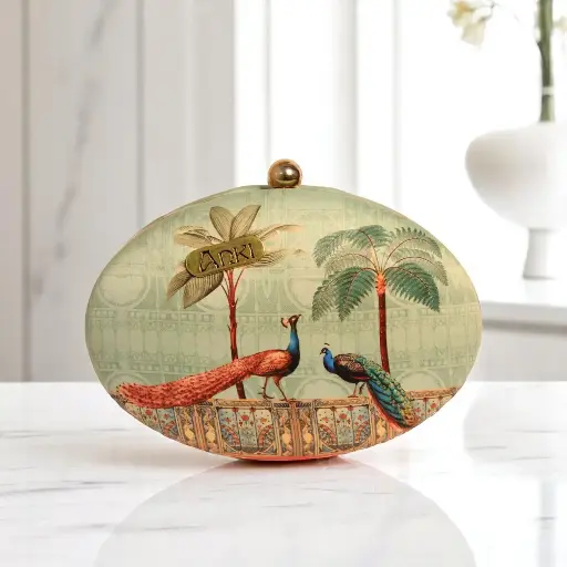 [Indian Peacock Printed Oval Clutch] Indian Peacock Printed Oval Clutch
